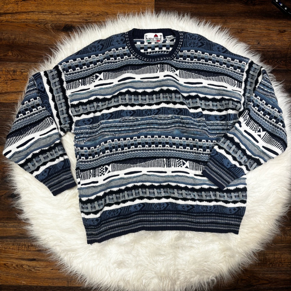 Florence Tricot “Coogi Style” Striped Y2K Sweater in Blue Tones size XXL
